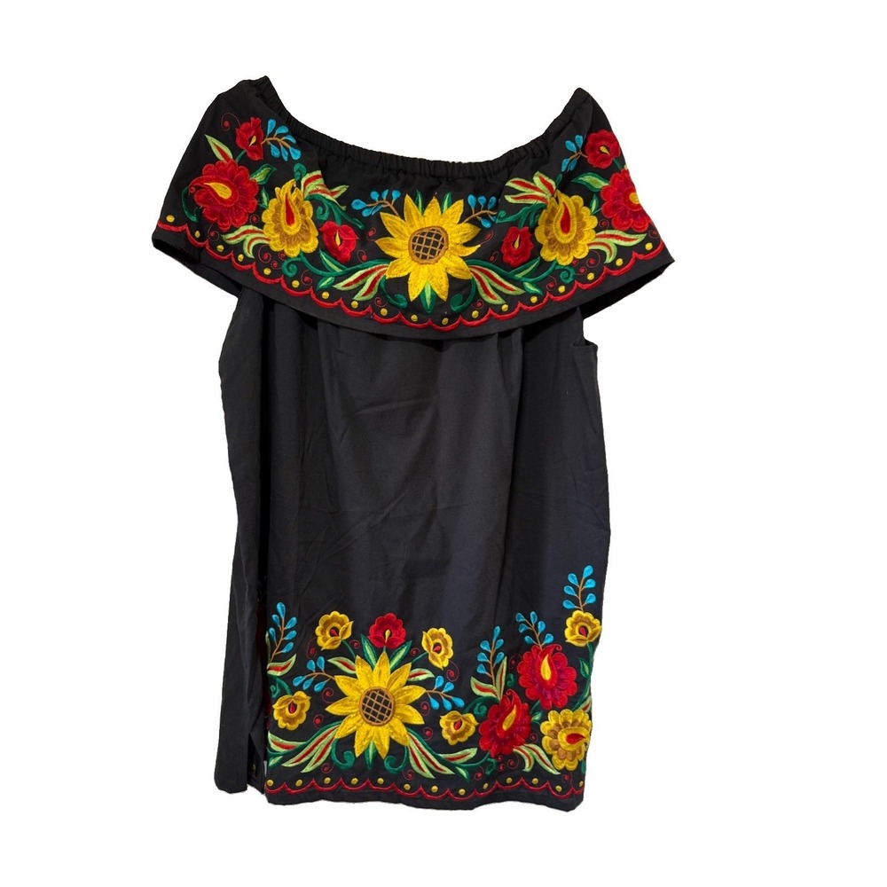 Off-shoulder embroidered boho blouse black viscose top sunflower trim Floral